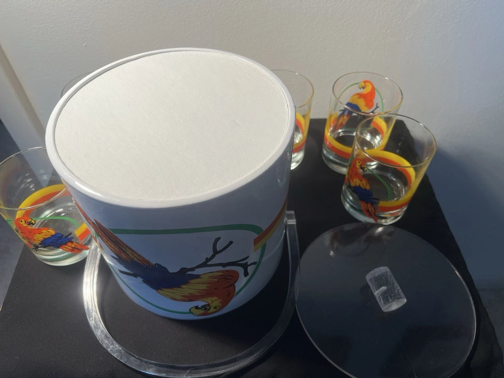 Vintage Macaw Parrot Tropical Ice Bucket w Lid and 6 Glasses•Retro Barware | eBay