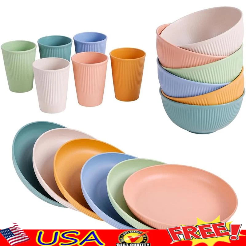 18Pcs Unbreakable Wheat Straw Dinnerware Set Reusable Kitchen Plates Cups Bowls | eBay