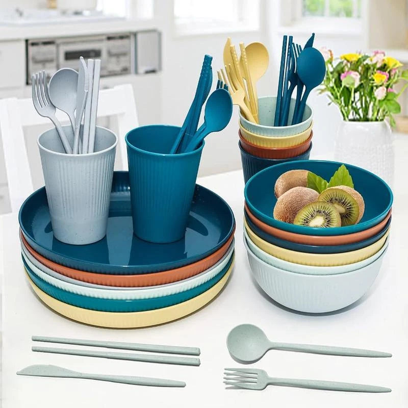 42Pcs Wheat Straw Dinnerware Set Eco Friendly Unbreakable Plates Bowls BPA Free | eBay