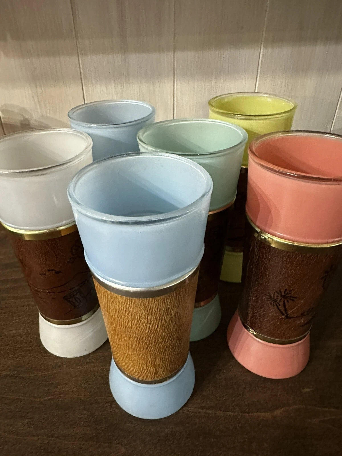 Vintage 1960s Siesta Ware Frosted Tiki Glasses Mahogany Wooden Jacket Set of 6 | eBay