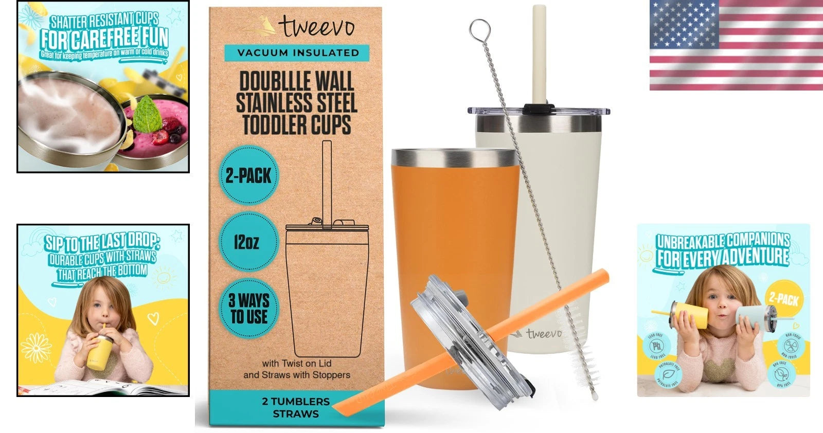 12oz Kids Stainless Steel Tumblers - Break-Resistant Set with Straws (2 Pack) | eBay