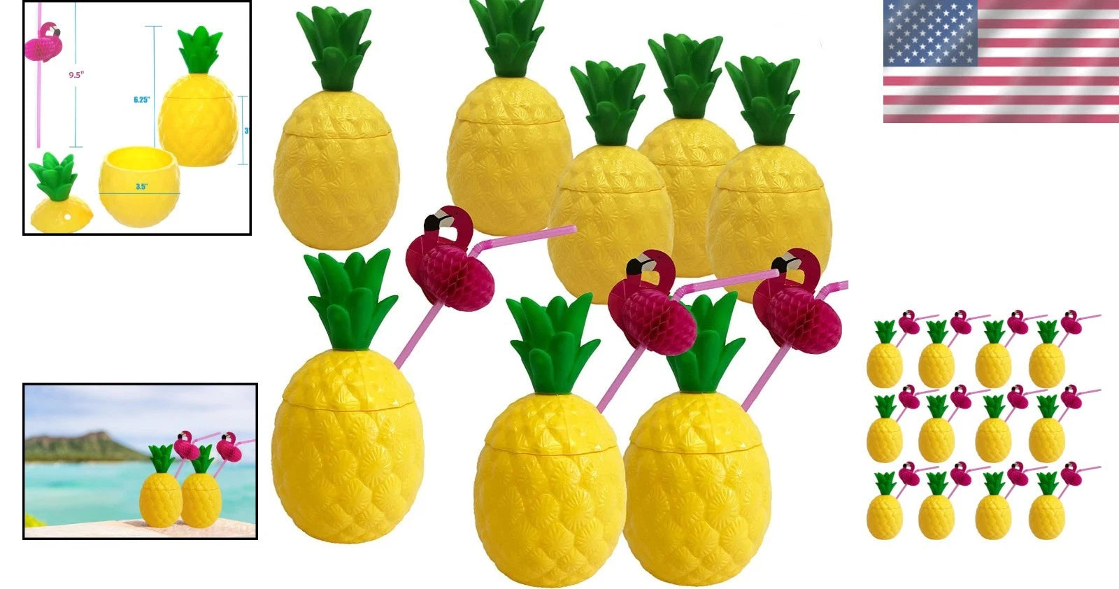 12-Pack Yellow Pineapple Cups with Flamingo Straws - Ideal for Tropical Parties | eBay