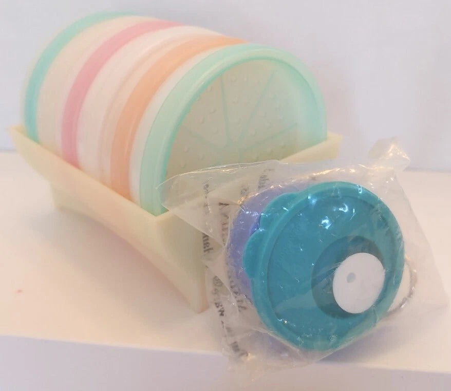 Vtg. 3" Tupperware Pastel Wagon Wheel Coaster Set & Carrier 567 W/ Bon Key Chain | eBay