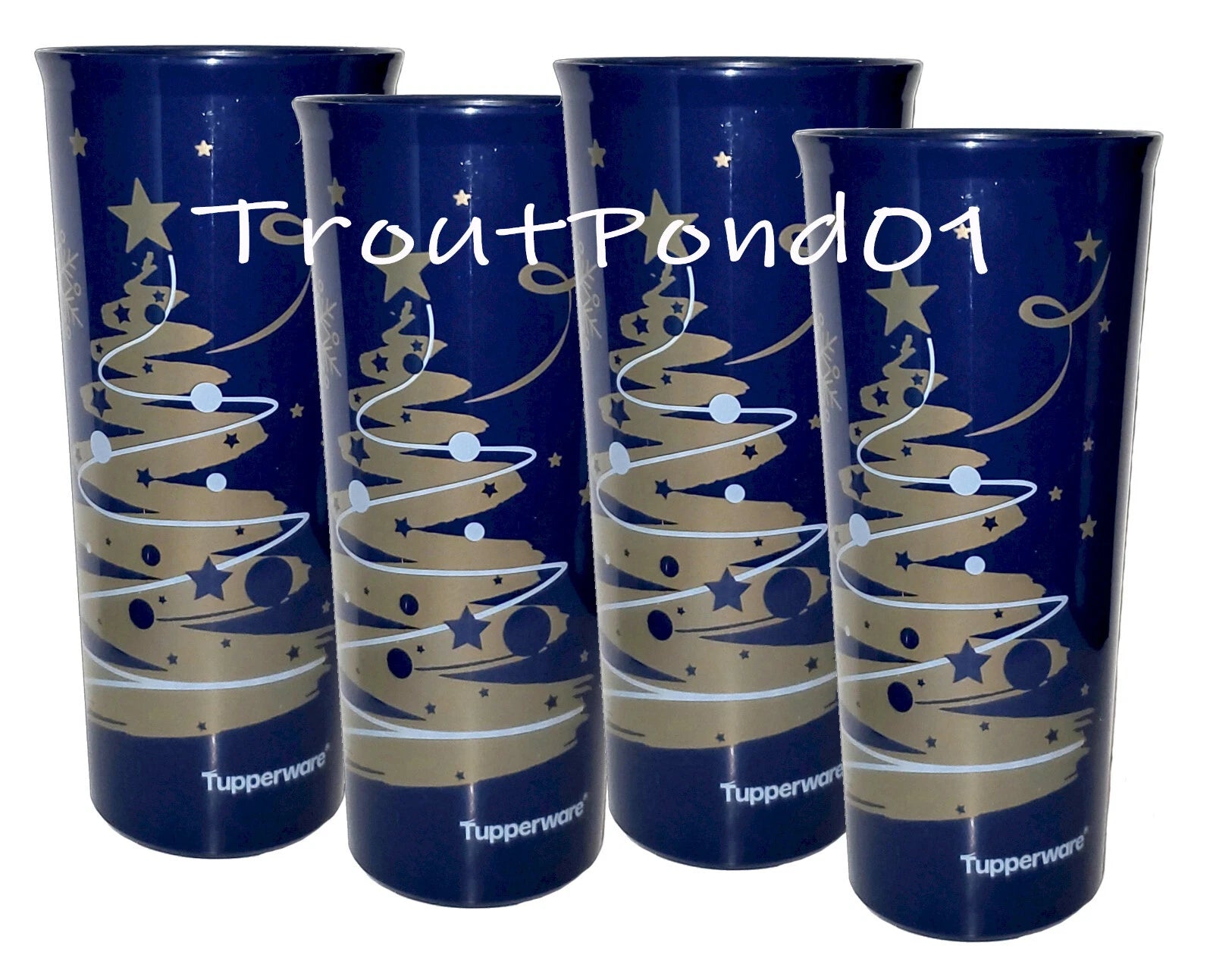 Tupperware Christmas Tree Starry Night Blue Gold Tumblers Straight Stacking 16oz | eBay