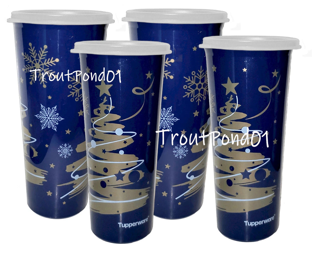 Tupperware Christmas Tree Starry Night Blue Gold Tumblers Straight Stacking 16oz | eBay