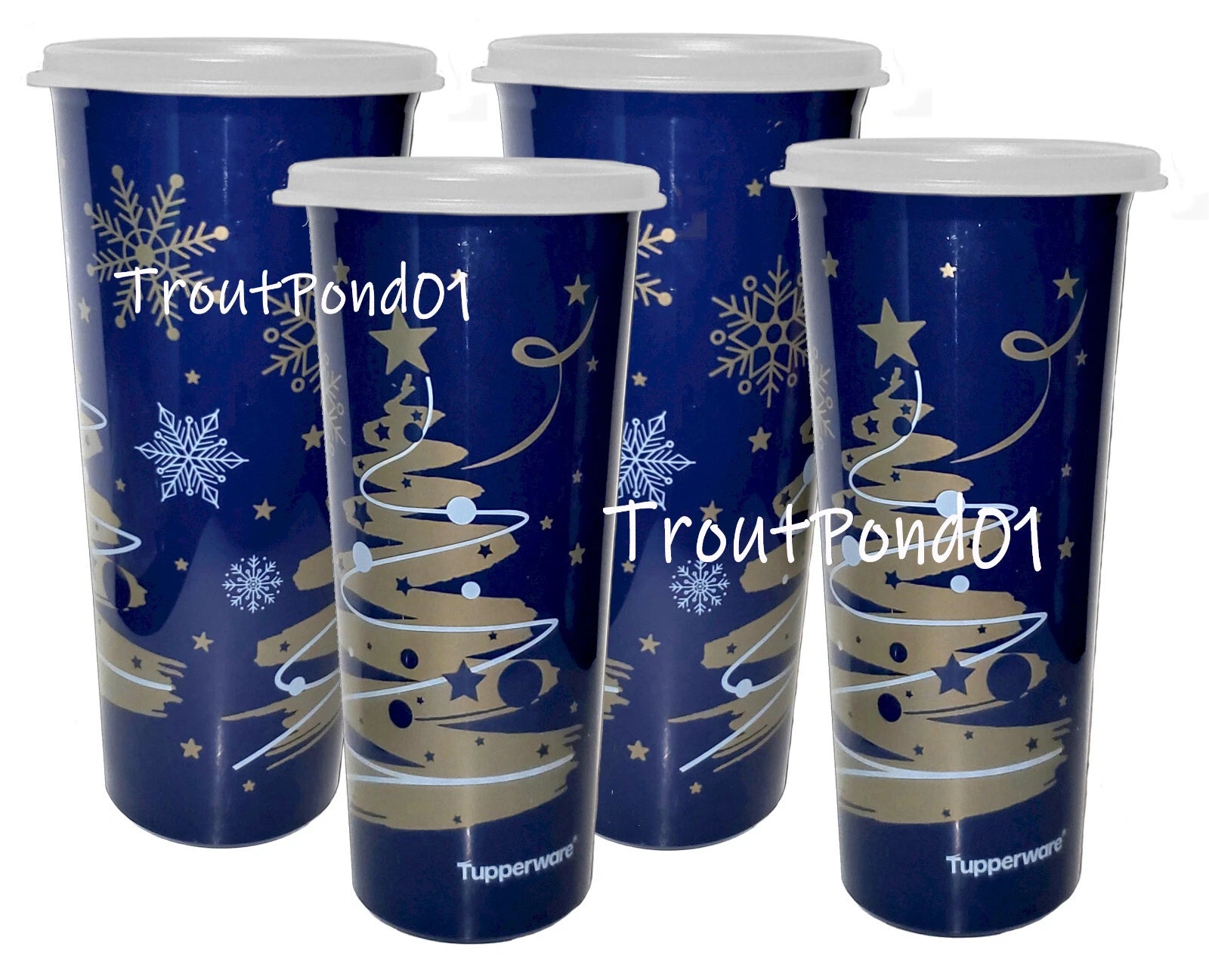 Tupperware Christmas Tree Starry Night Blue Gold Tumblers Straight Stacking 16oz | eBay