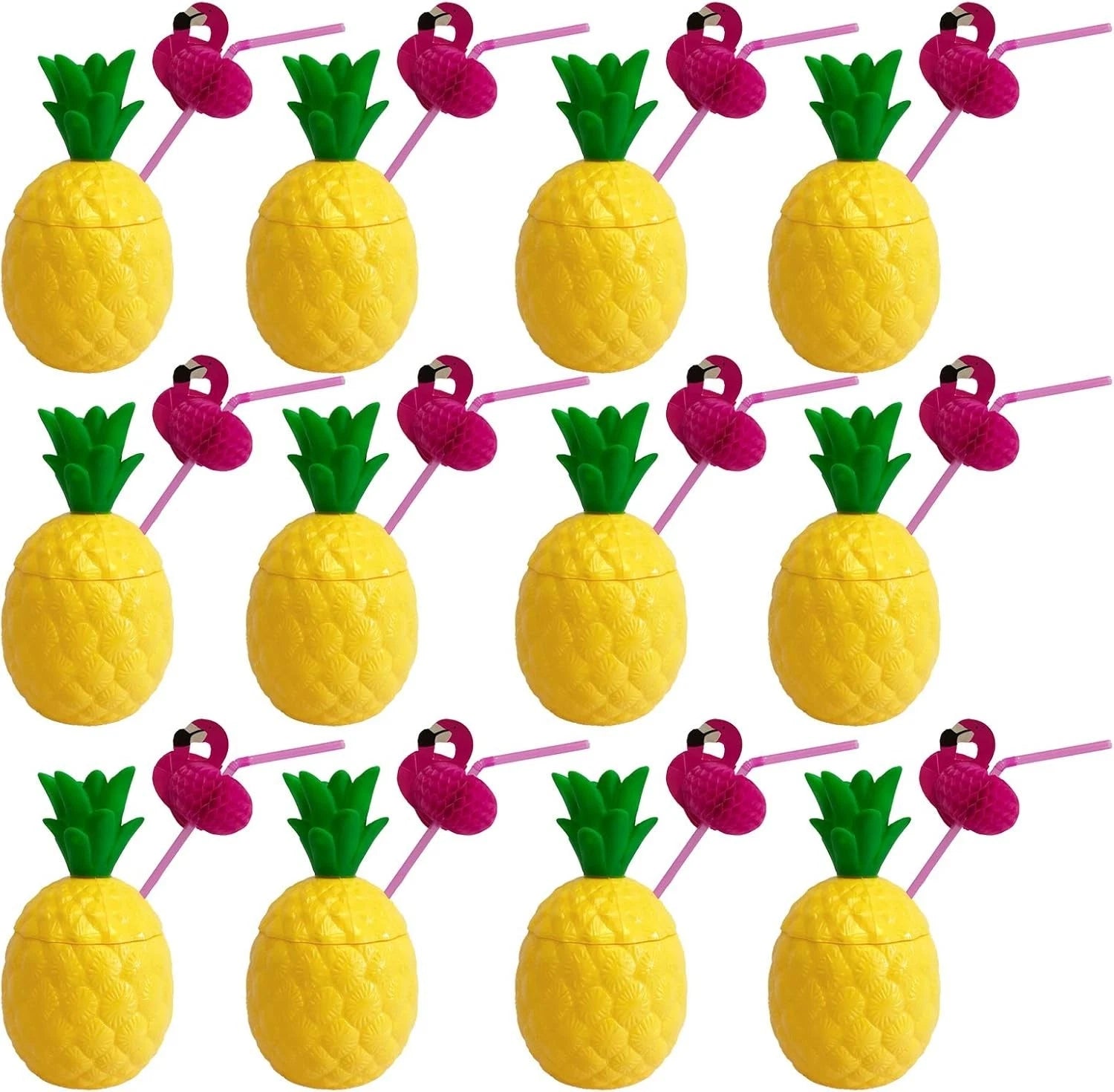 12-Pack Yellow Pineapple Cups with Flamingo Straws - Ideal for Tropical Parties | eBay