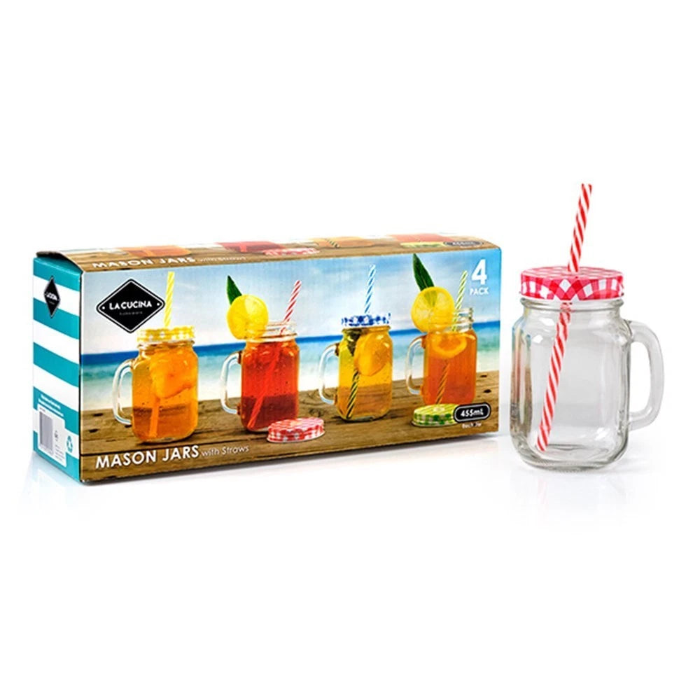 x 4 Pack 455ml Mason Jar Handle Straw Caddy Drinking Glass Jar Check Lid Hipster | eBay