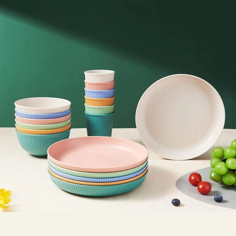 18Pcs Unbreakable Wheat Straw Dinnerware Set Reusable Kitchen Plates Cups Bowls | eBay