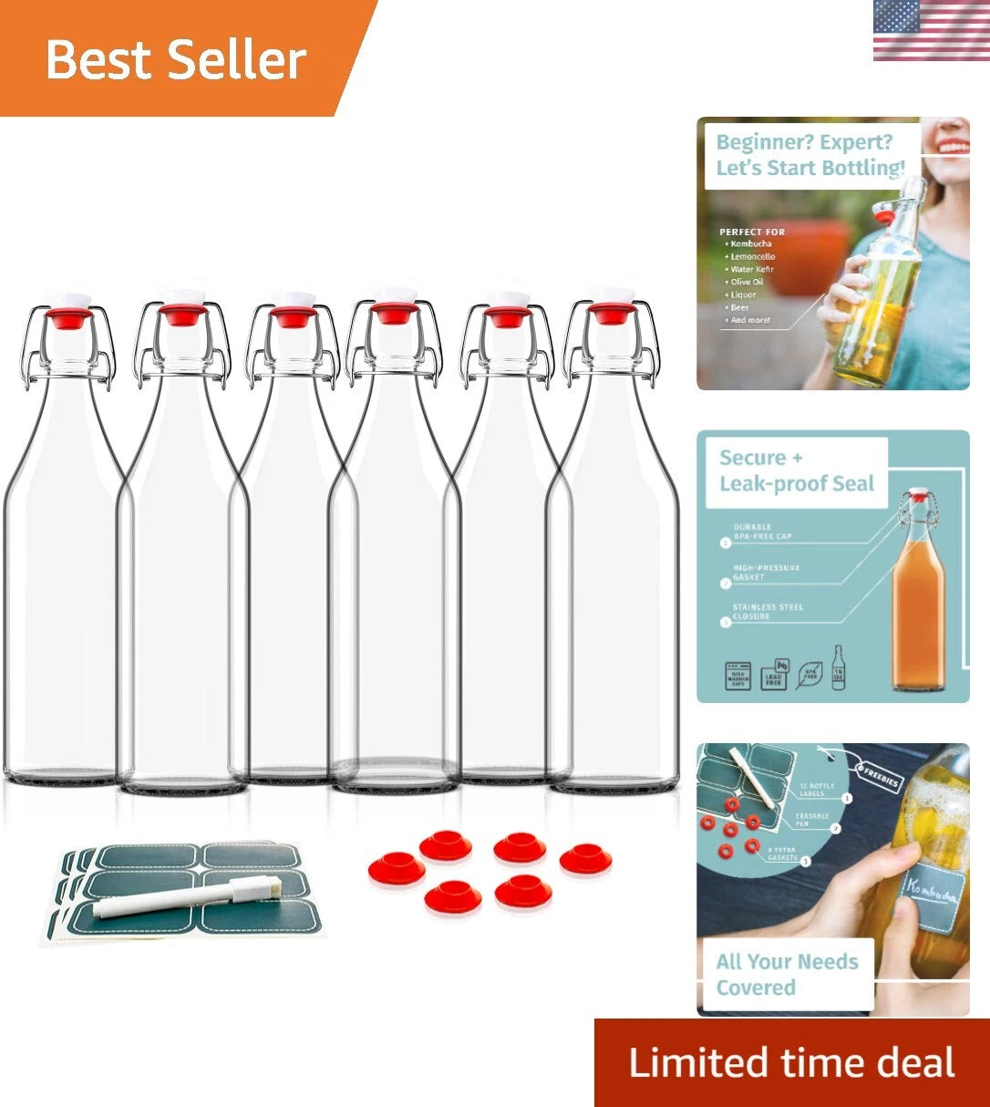 Elegant 16oz Clear Glass Bottles with Caps & Labels - Perfect for Home Brewing | eBay