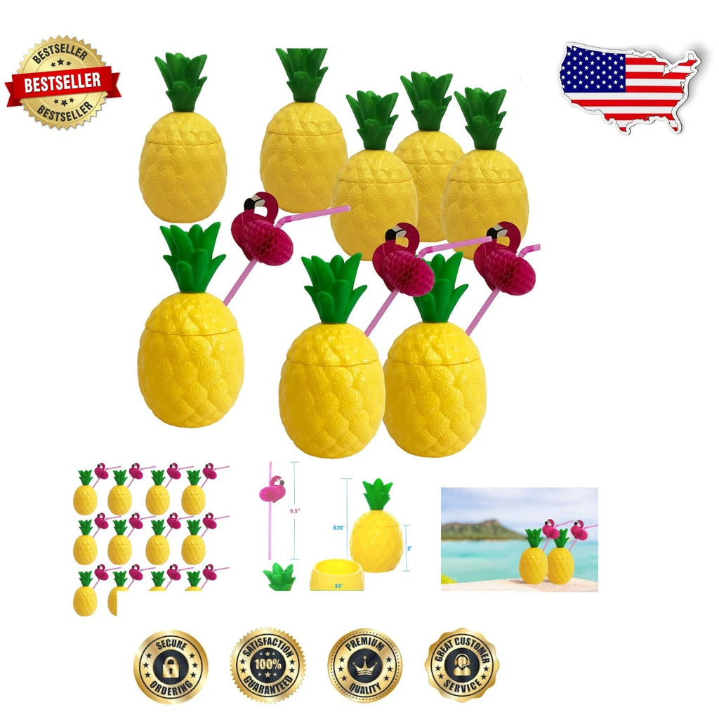 12-Pack Yellow Pineapple Cups with Flamingo Straws - Ideal for Tropical Parties | eBay